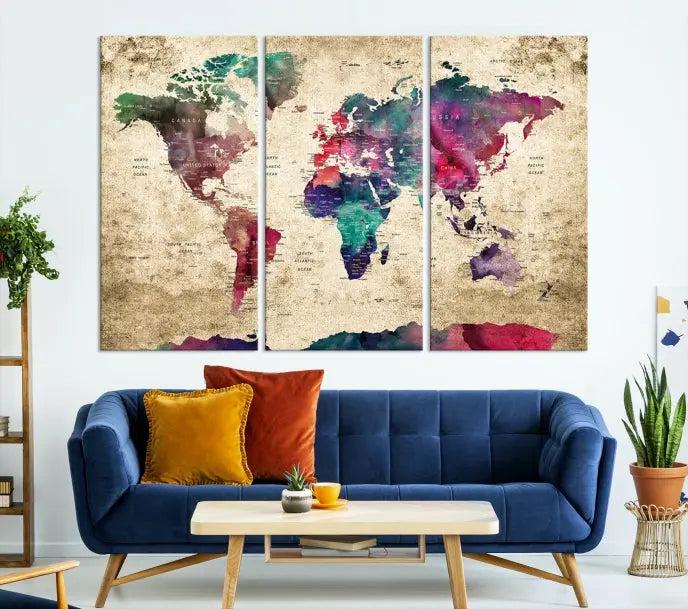 The "World Map Push Pin Wall Art Canvas Print" offers an exquisite touch of art with its museum-quality triptych design. This hand-assembled piece also comes with the added convenience of free shipping.