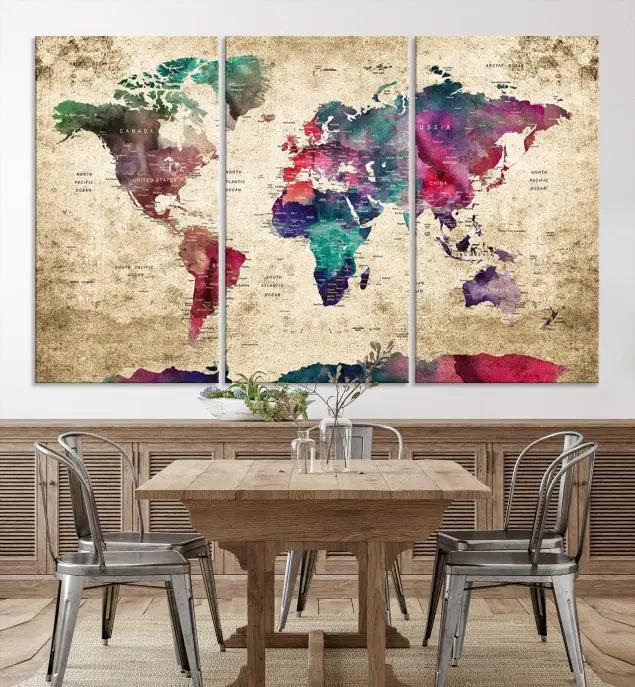 The "World Map Push Pin Wall Art Canvas Print" offers an exquisite touch of art with its museum-quality triptych design. This hand-assembled piece also comes with the added convenience of free shipping.