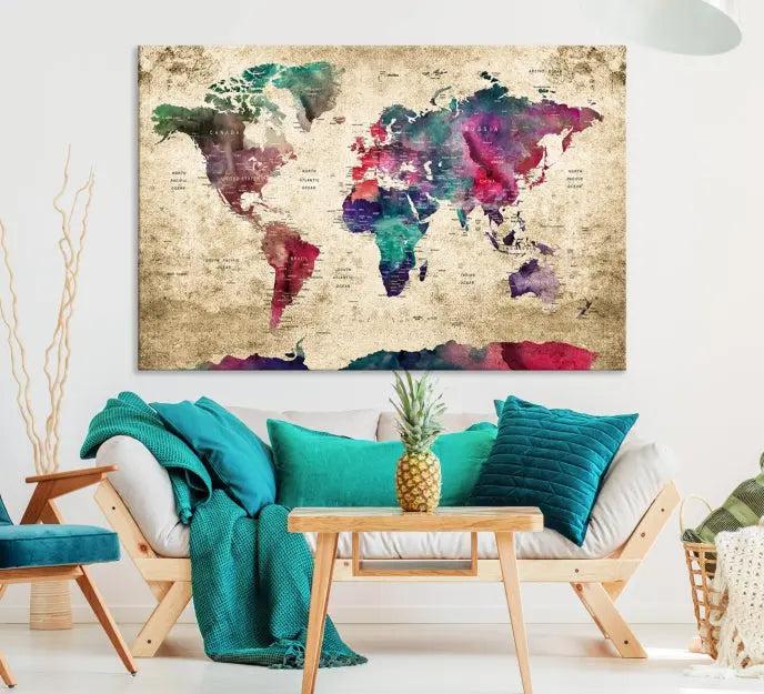 The "World Map Push Pin Wall Art Canvas Print" offers an exquisite touch of art with its museum-quality triptych design. This hand-assembled piece also comes with the added convenience of free shipping.