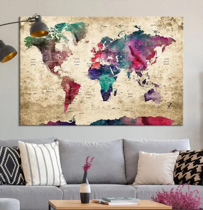 The "World Map Push Pin Wall Art Canvas Print" offers an exquisite touch of art with its museum-quality triptych design. This hand-assembled piece also comes with the added convenience of free shipping.