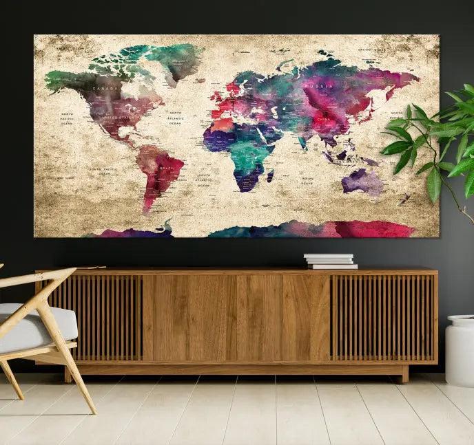 The "World Map Push Pin Wall Art Canvas Print" offers an exquisite touch of art with its museum-quality triptych design. This hand-assembled piece also comes with the added convenience of free shipping.