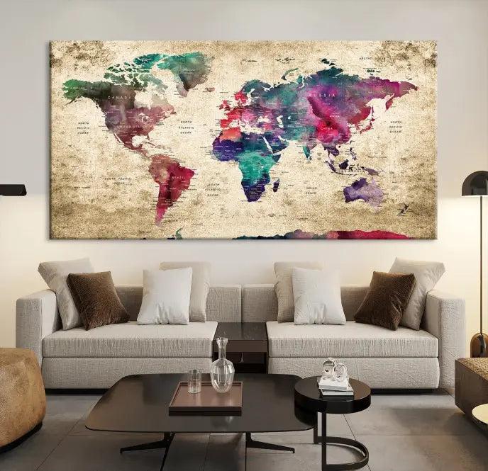 The "World Map Push Pin Wall Art Canvas Print" offers an exquisite touch of art with its museum-quality triptych design. This hand-assembled piece also comes with the added convenience of free shipping.