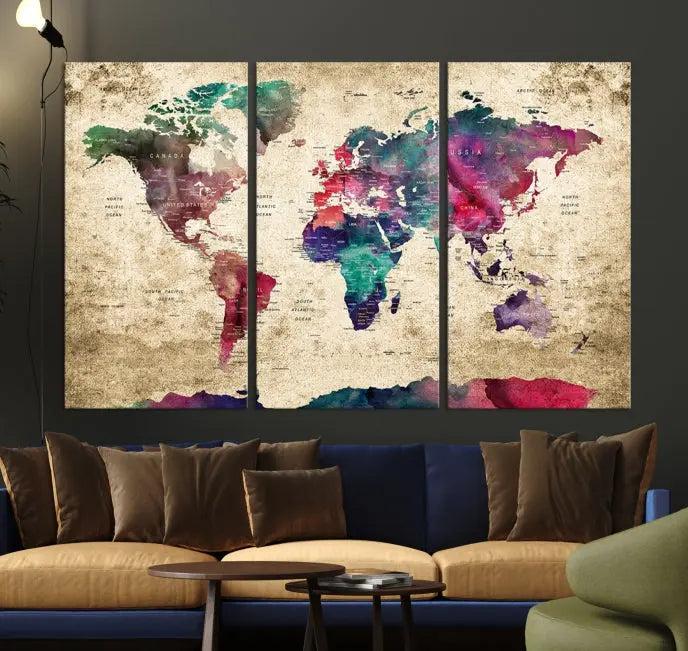 The "World Map Push Pin Wall Art Canvas Print" offers an exquisite touch of art with its museum-quality triptych design. This hand-assembled piece also comes with the added convenience of free shipping.