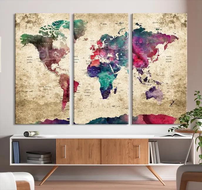 The "World Map Push Pin Wall Art Canvas Print" offers an exquisite touch of art with its museum-quality triptych design. This hand-assembled piece also comes with the added convenience of free shipping.