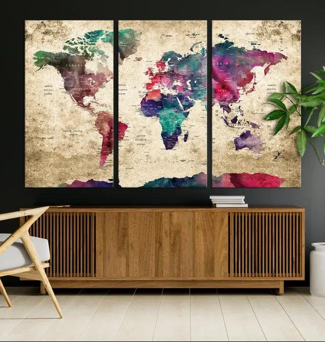 The "World Map Push Pin Wall Art Canvas Print" offers an exquisite touch of art with its museum-quality triptych design. This hand-assembled piece also comes with the added convenience of free shipping.