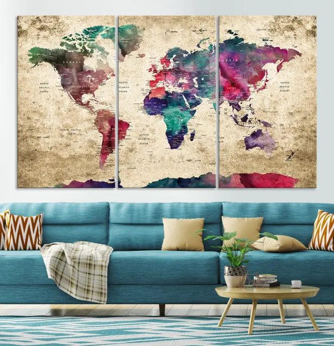 The "World Map Push Pin Wall Art Canvas Print" offers an exquisite touch of art with its museum-quality triptych design. This hand-assembled piece also comes with the added convenience of free shipping.