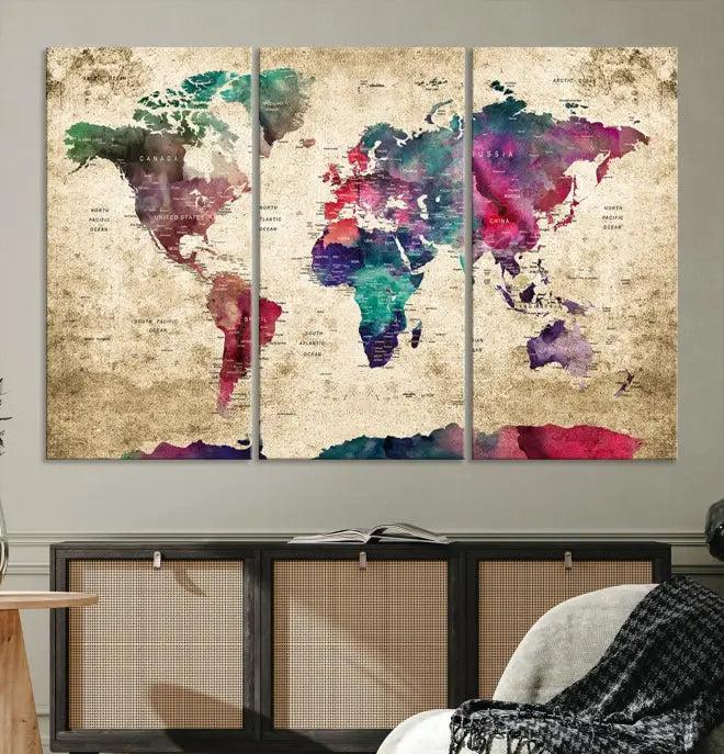 The "World Map Push Pin Wall Art Canvas Print" offers an exquisite touch of art with its museum-quality triptych design. This hand-assembled piece also comes with the added convenience of free shipping.