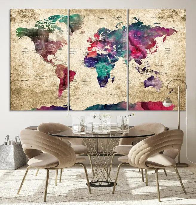 The "World Map Push Pin Wall Art Canvas Print" offers an exquisite touch of art with its museum-quality triptych design. This hand-assembled piece also comes with the added convenience of free shipping.