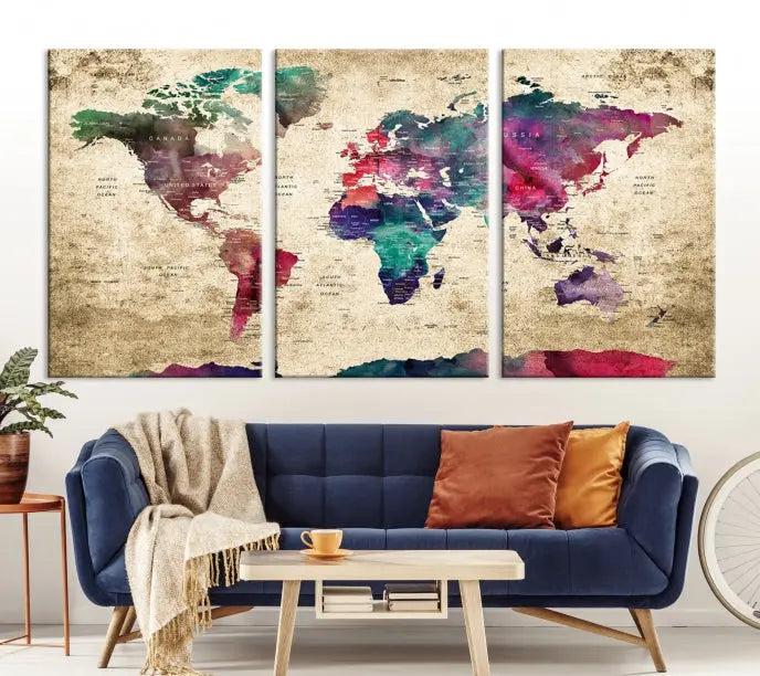 The "World Map Push Pin Wall Art Canvas Print" offers an exquisite touch of art with its museum-quality triptych design. This hand-assembled piece also comes with the added convenience of free shipping.