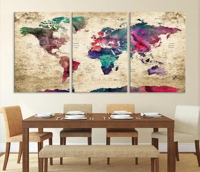 The "World Map Push Pin Wall Art Canvas Print" offers an exquisite touch of art with its museum-quality triptych design. This hand-assembled piece also comes with the added convenience of free shipping.