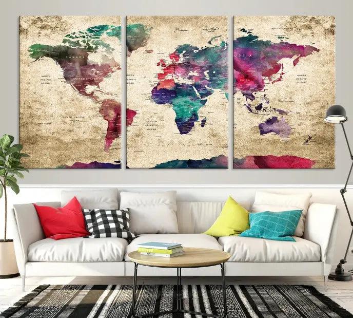 The "World Map Push Pin Wall Art Canvas Print" offers an exquisite touch of art with its museum-quality triptych design. This hand-assembled piece also comes with the added convenience of free shipping.