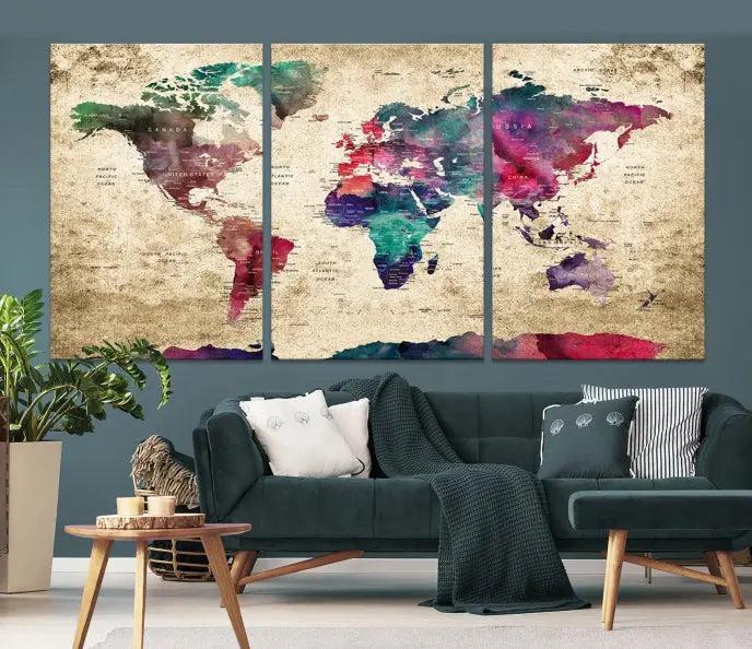 The "World Map Push Pin Wall Art Canvas Print" offers an exquisite touch of art with its museum-quality triptych design. This hand-assembled piece also comes with the added convenience of free shipping.