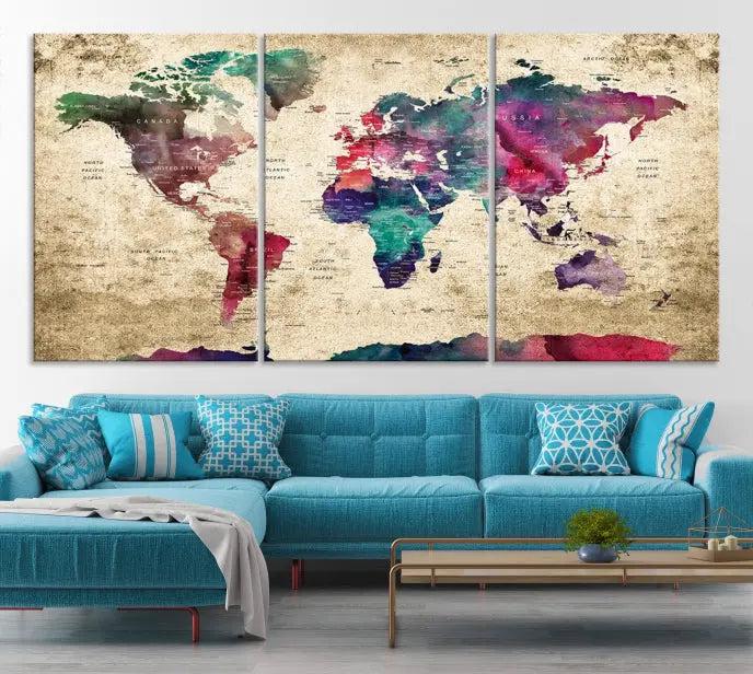 The "World Map Push Pin Wall Art Canvas Print" offers an exquisite touch of art with its museum-quality triptych design. This hand-assembled piece also comes with the added convenience of free shipping.