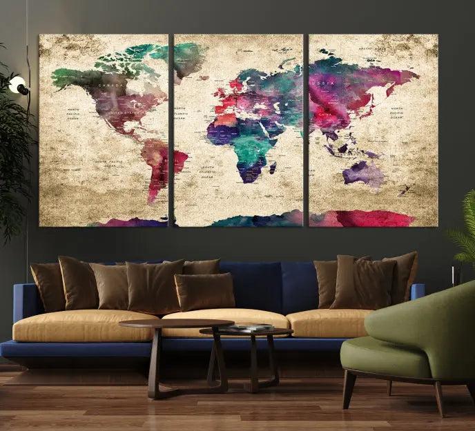 The "World Map Push Pin Wall Art Canvas Print" offers an exquisite touch of art with its museum-quality triptych design. This hand-assembled piece also comes with the added convenience of free shipping.