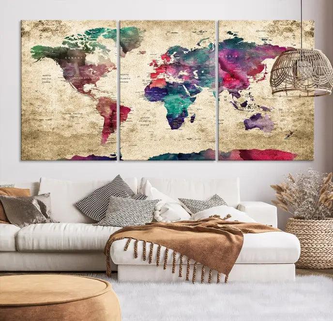 The "World Map Push Pin Wall Art Canvas Print" offers an exquisite touch of art with its museum-quality triptych design. This hand-assembled piece also comes with the added convenience of free shipping.