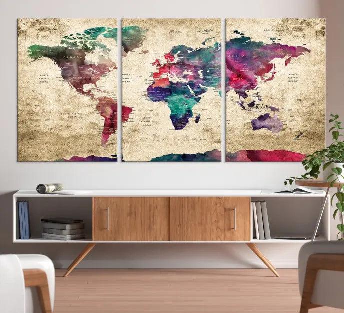 The "World Map Push Pin Wall Art Canvas Print" offers an exquisite touch of art with its museum-quality triptych design. This hand-assembled piece also comes with the added convenience of free shipping.