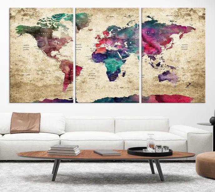 The "World Map Push Pin Wall Art Canvas Print" offers an exquisite touch of art with its museum-quality triptych design. This hand-assembled piece also comes with the added convenience of free shipping.