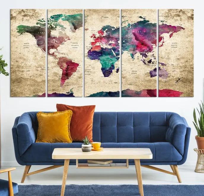 The "World Map Push Pin Wall Art Canvas Print" offers an exquisite touch of art with its museum-quality triptych design. This hand-assembled piece also comes with the added convenience of free shipping.