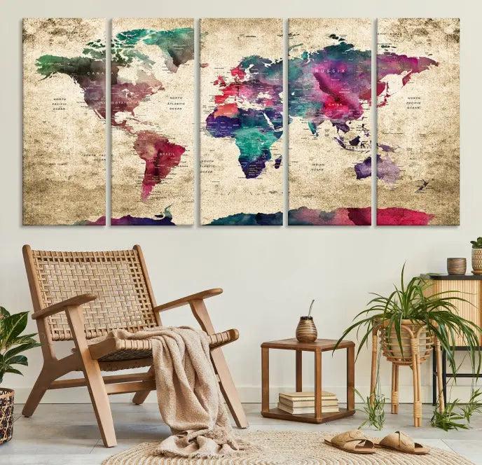 The "World Map Push Pin Wall Art Canvas Print" offers an exquisite touch of art with its museum-quality triptych design. This hand-assembled piece also comes with the added convenience of free shipping.