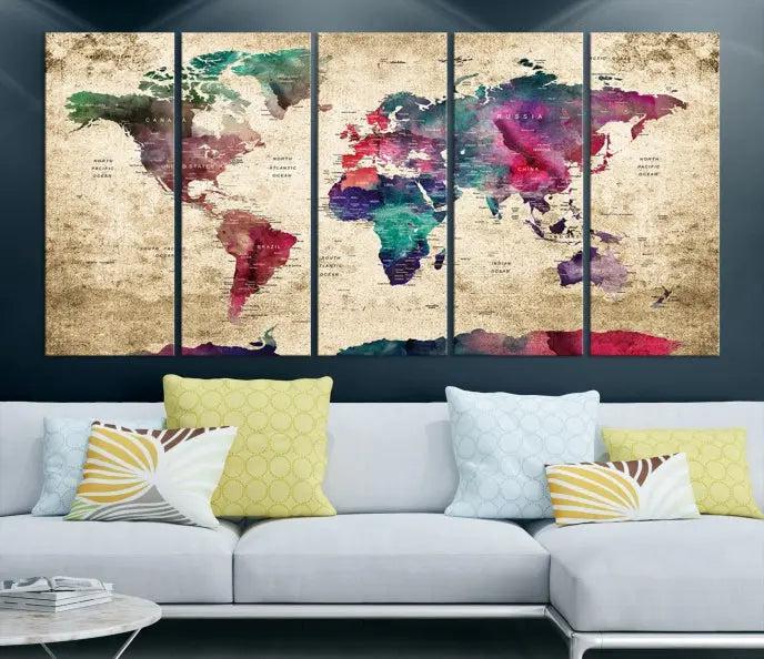 The "World Map Push Pin Wall Art Canvas Print" offers an exquisite touch of art with its museum-quality triptych design. This hand-assembled piece also comes with the added convenience of free shipping.