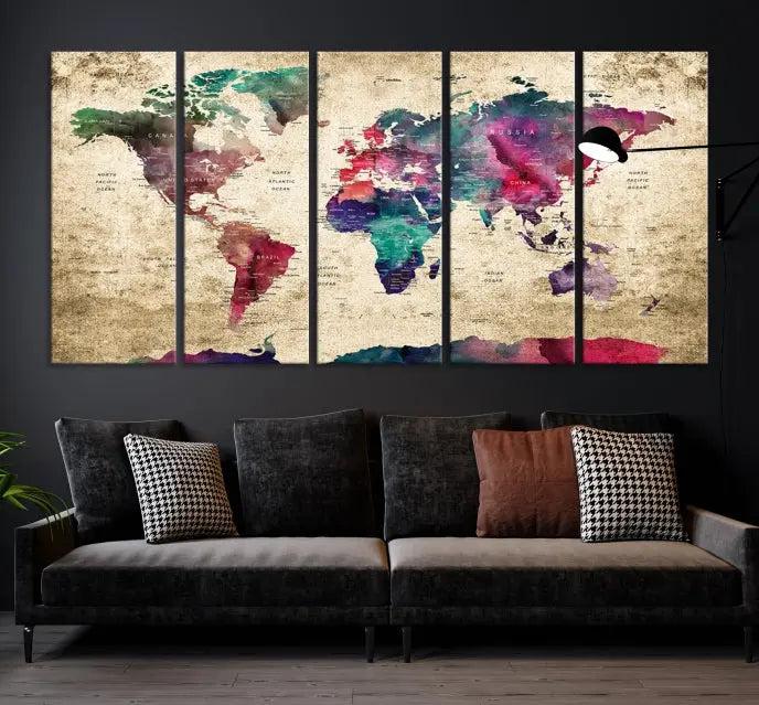 The "World Map Push Pin Wall Art Canvas Print" offers an exquisite touch of art with its museum-quality triptych design. This hand-assembled piece also comes with the added convenience of free shipping.