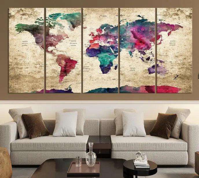 The "World Map Push Pin Wall Art Canvas Print" offers an exquisite touch of art with its museum-quality triptych design. This hand-assembled piece also comes with the added convenience of free shipping.