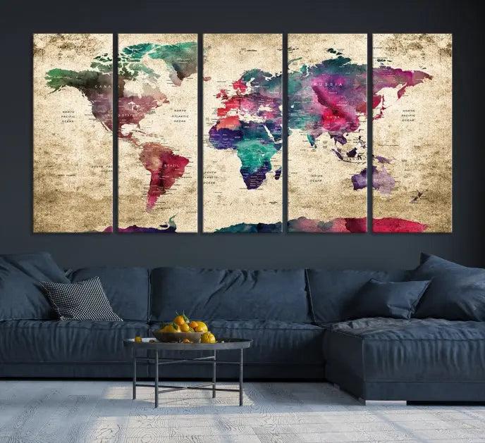 The "World Map Push Pin Wall Art Canvas Print" offers an exquisite touch of art with its museum-quality triptych design. This hand-assembled piece also comes with the added convenience of free shipping.