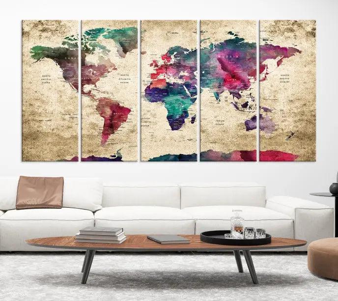 The "World Map Push Pin Wall Art Canvas Print" offers an exquisite touch of art with its museum-quality triptych design. This hand-assembled piece also comes with the added convenience of free shipping.