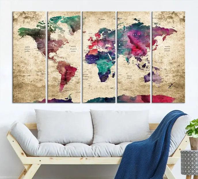 The "World Map Push Pin Wall Art Canvas Print" offers an exquisite touch of art with its museum-quality triptych design. This hand-assembled piece also comes with the added convenience of free shipping.