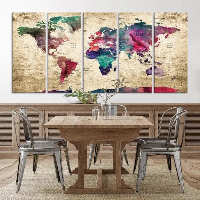 The "World Map Push Pin Wall Art Canvas Print" offers an exquisite touch of art with its museum-quality triptych design. This hand-assembled piece also comes with the added convenience of free shipping.