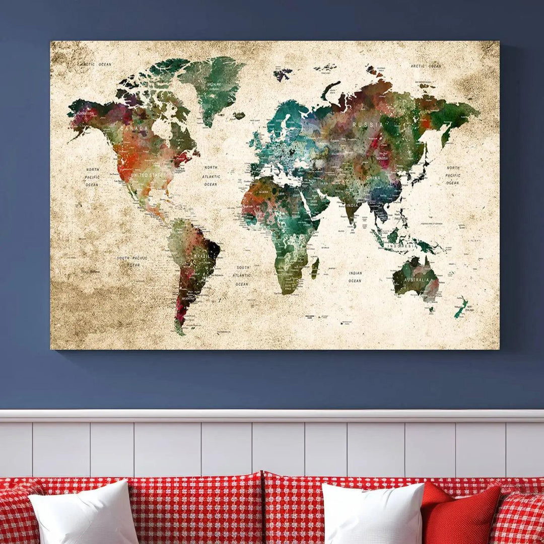 The "World Map Wall Art Print - Grunge Stained Background Large World Map Wall Art Canvas Print" is elegantly displayed on a wooden wall, serving as an ideal focal point in your home decor.