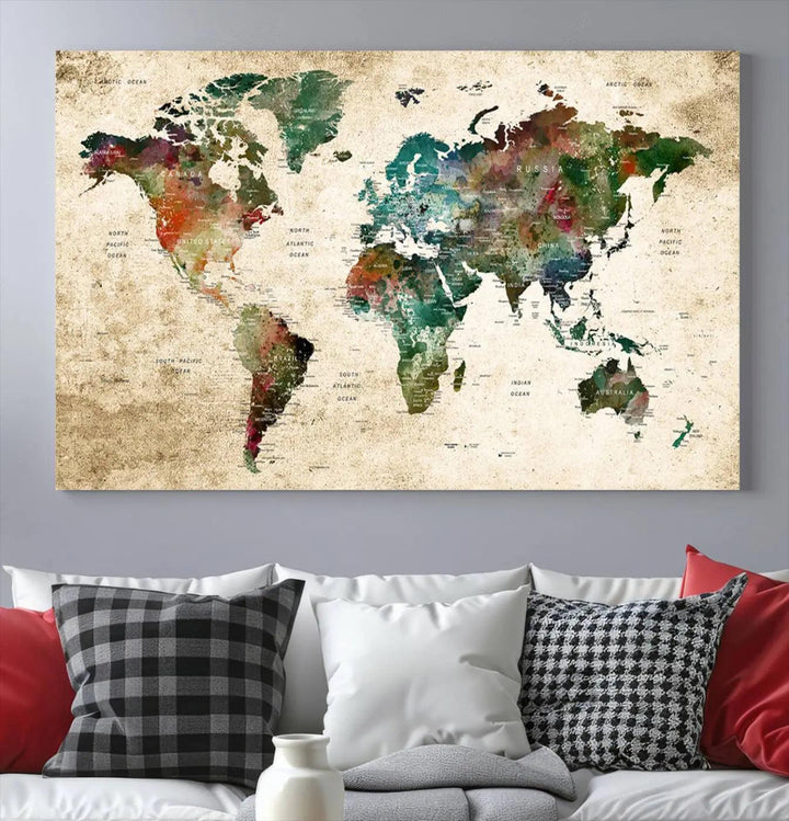 The "World Map Wall Art Print - Grunge Stained Background Large World Map Wall Art Canvas Print" is elegantly displayed on a wooden wall, serving as an ideal focal point in your home decor.