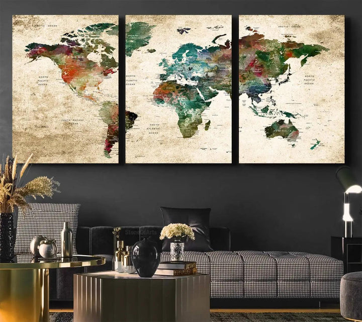 The "World Map Wall Art Print - Grunge Stained Background Large World Map Wall Art Canvas Print" is elegantly displayed on a wooden wall, serving as an ideal focal point in your home decor.