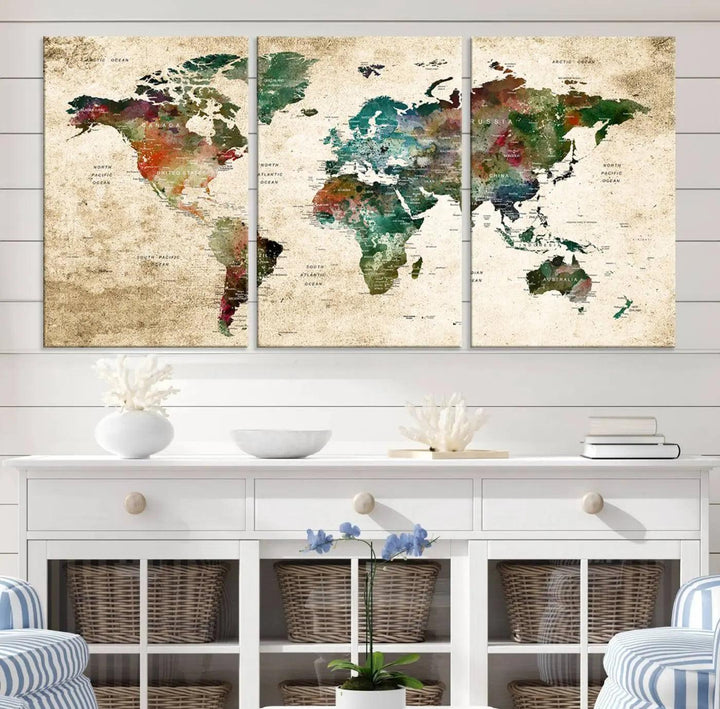 The "World Map Wall Art Print - Grunge Stained Background Large World Map Wall Art Canvas Print" is elegantly displayed on a wooden wall, serving as an ideal focal point in your home decor.