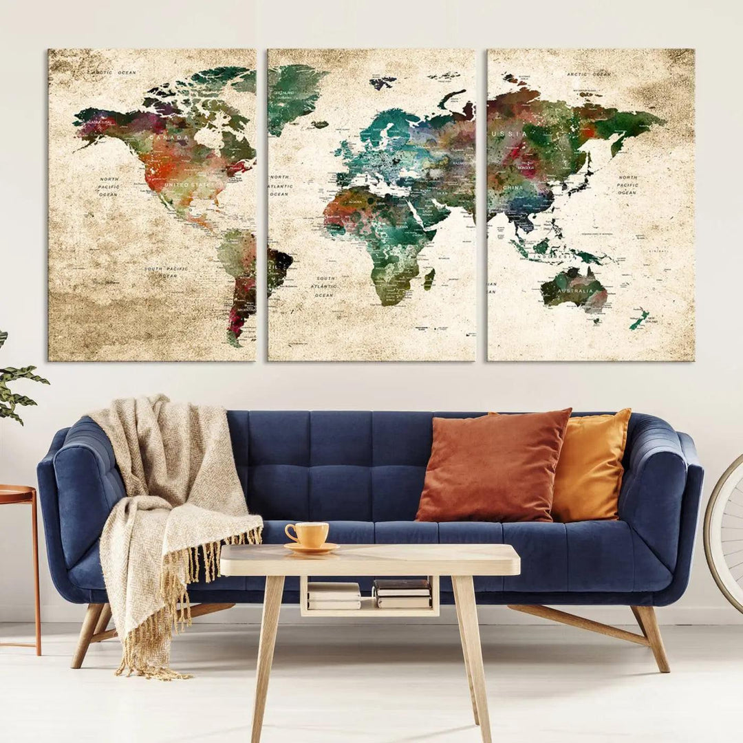 The "World Map Wall Art Print - Grunge Stained Background Large World Map Wall Art Canvas Print" is elegantly displayed on a wooden wall, serving as an ideal focal point in your home decor.