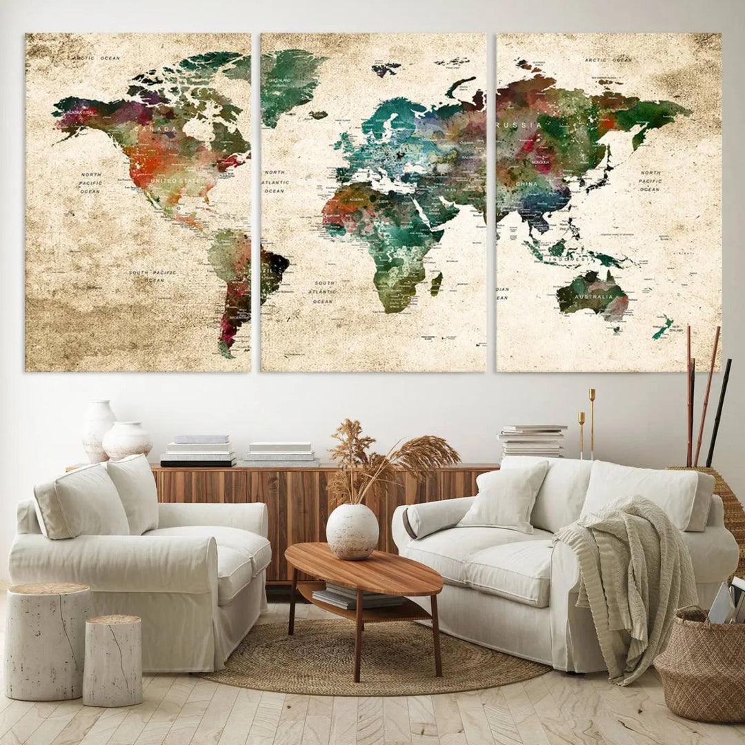 The "World Map Wall Art Print - Grunge Stained Background Large World Map Wall Art Canvas Print" is elegantly displayed on a wooden wall, serving as an ideal focal point in your home decor.