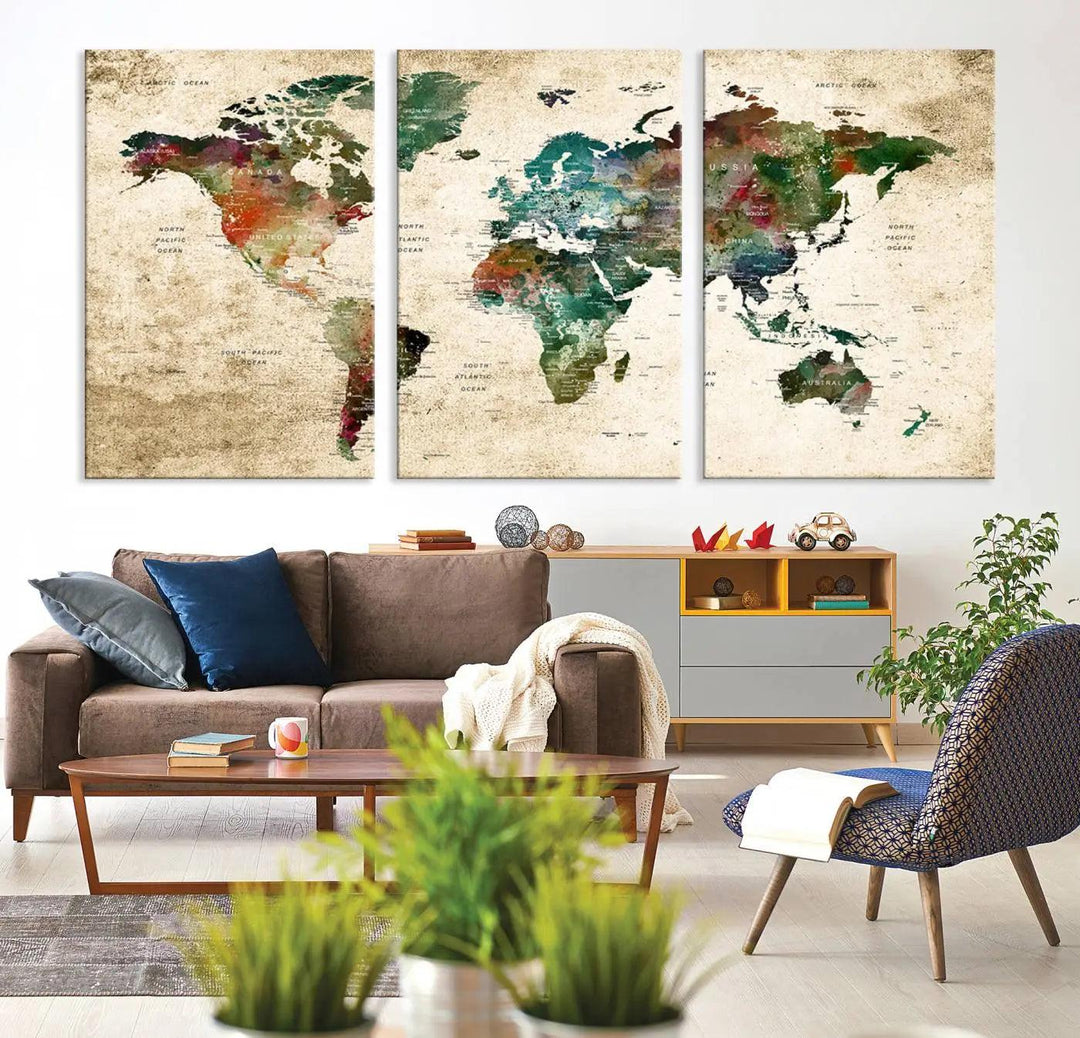 The "World Map Wall Art Print - Grunge Stained Background Large World Map Wall Art Canvas Print" is elegantly displayed on a wooden wall, serving as an ideal focal point in your home decor.