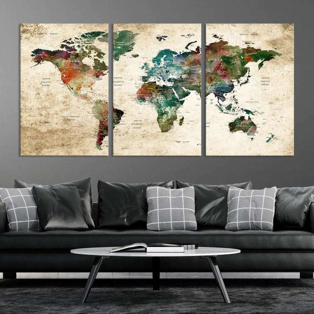 The "World Map Wall Art Print - Grunge Stained Background Large World Map Wall Art Canvas Print" is elegantly displayed on a wooden wall, serving as an ideal focal point in your home decor.