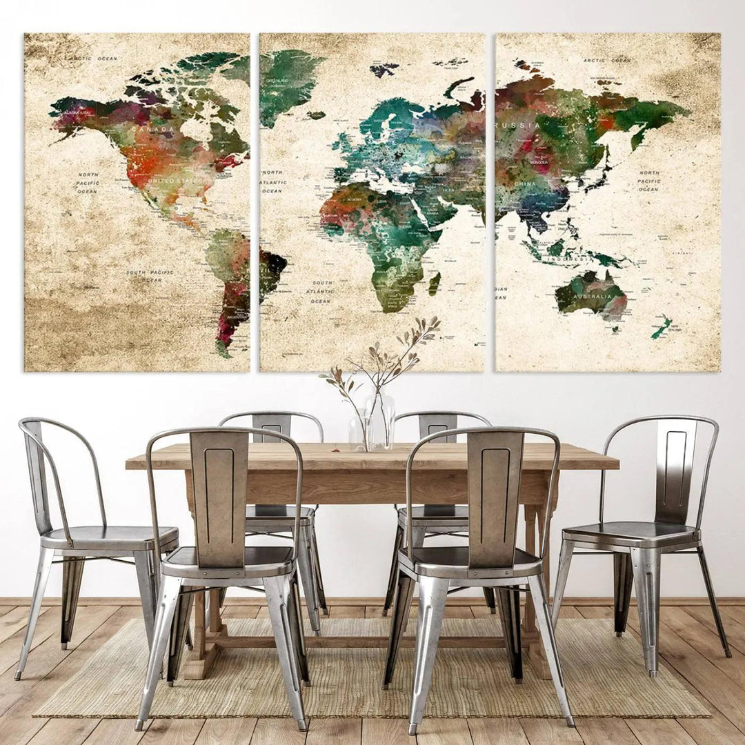 The "World Map Wall Art Print - Grunge Stained Background Large World Map Wall Art Canvas Print" is elegantly displayed on a wooden wall, serving as an ideal focal point in your home decor.