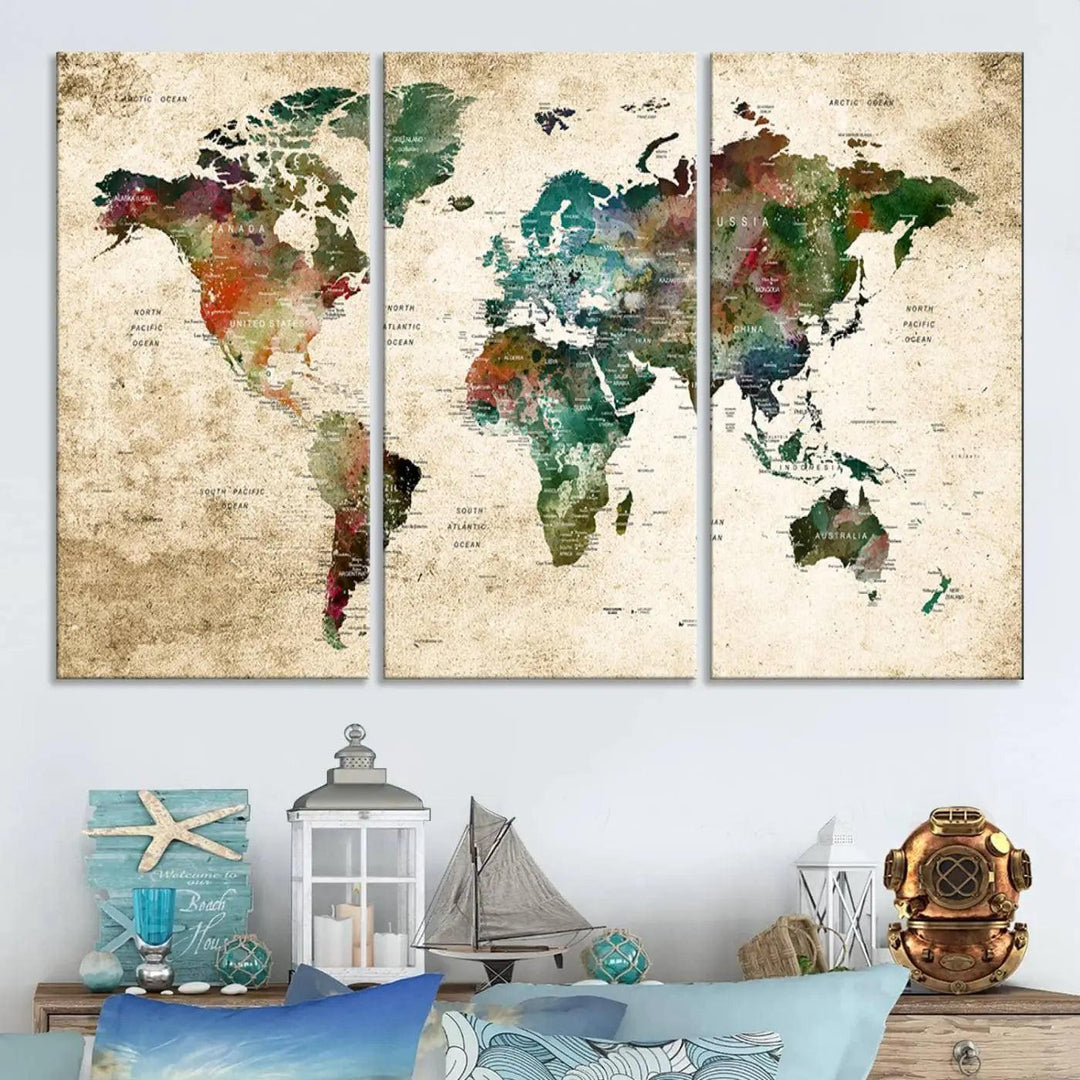 The "World Map Wall Art Print - Grunge Stained Background Large World Map Wall Art Canvas Print" is elegantly displayed on a wooden wall, serving as an ideal focal point in your home decor.