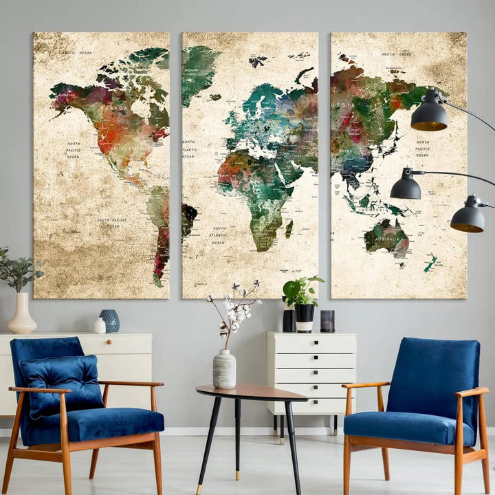 The "World Map Wall Art Print - Grunge Stained Background Large World Map Wall Art Canvas Print" is elegantly displayed on a wooden wall, serving as an ideal focal point in your home decor.