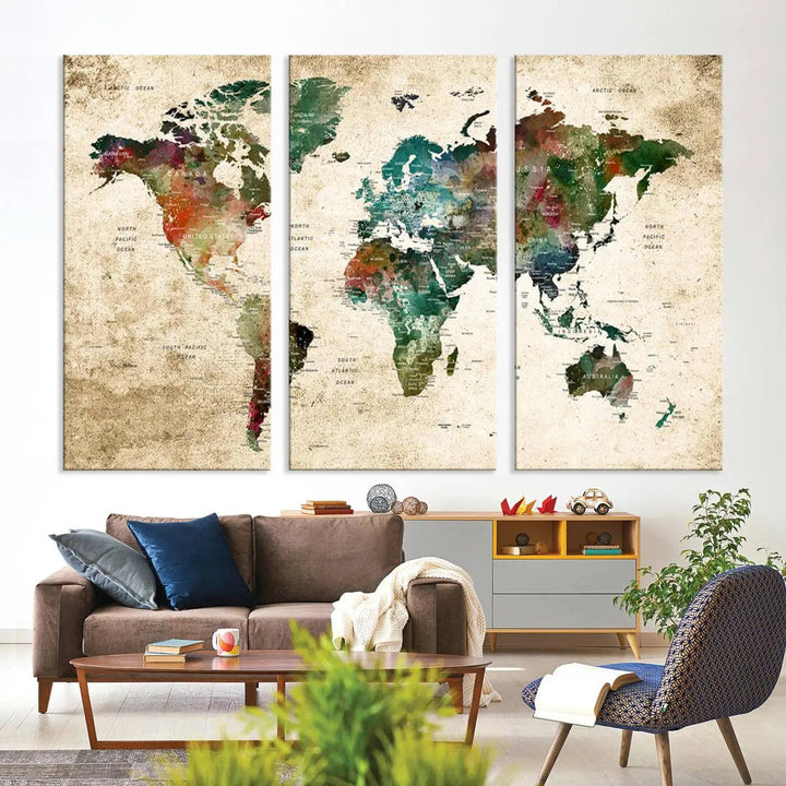 The "World Map Wall Art Print - Grunge Stained Background Large World Map Wall Art Canvas Print" is elegantly displayed on a wooden wall, serving as an ideal focal point in your home decor.