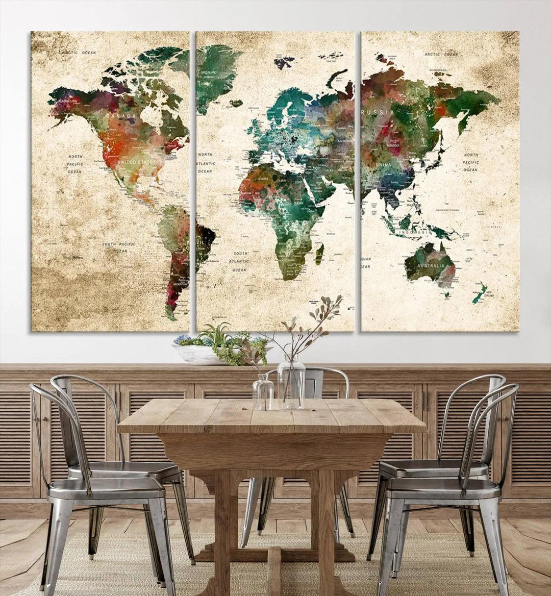 The "World Map Wall Art Print - Grunge Stained Background Large World Map Wall Art Canvas Print" is elegantly displayed on a wooden wall, serving as an ideal focal point in your home decor.