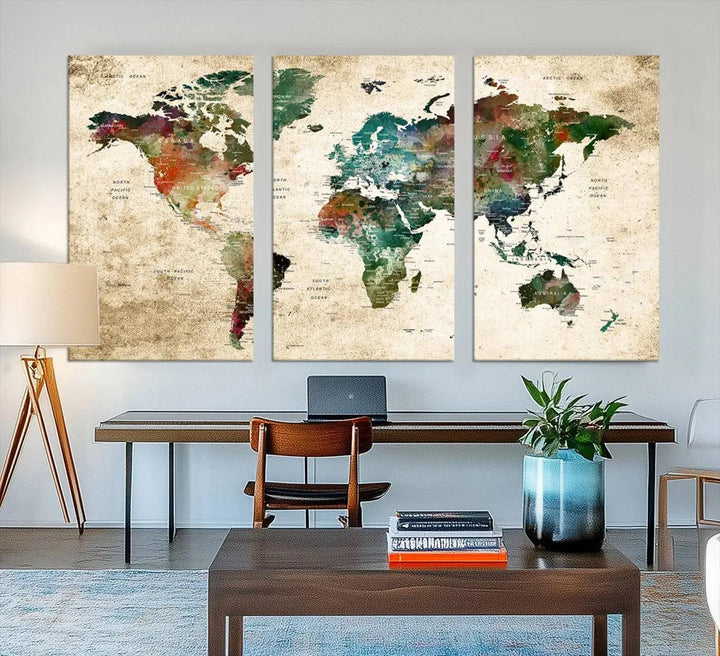 The "World Map Wall Art Print - Grunge Stained Background Large World Map Wall Art Canvas Print" is elegantly displayed on a wooden wall, serving as an ideal focal point in your home decor.