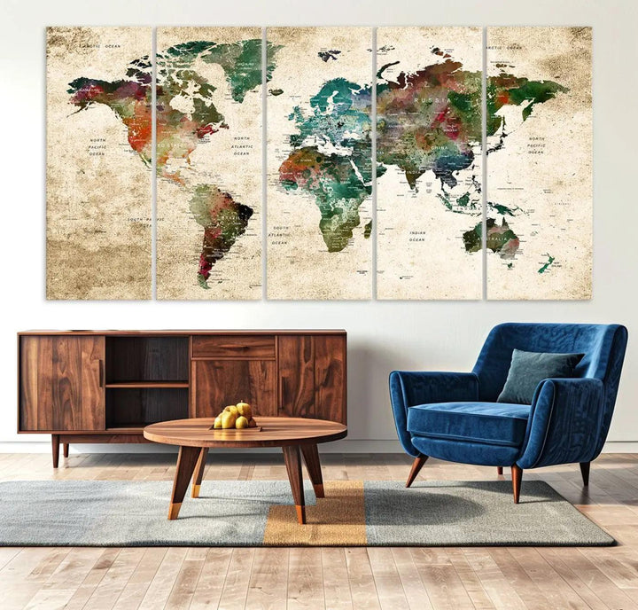 The "World Map Wall Art Print - Grunge Stained Background Large World Map Wall Art Canvas Print" is elegantly displayed on a wooden wall, serving as an ideal focal point in your home decor.