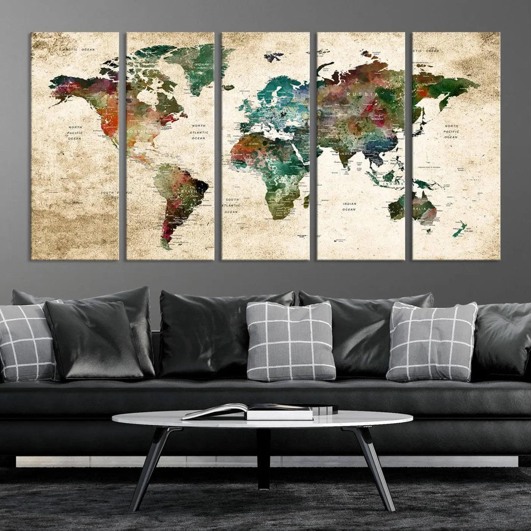 The "World Map Wall Art Print - Grunge Stained Background Large World Map Wall Art Canvas Print" is elegantly displayed on a wooden wall, serving as an ideal focal point in your home decor.