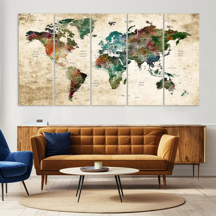 The "World Map Wall Art Print - Grunge Stained Background Large World Map Wall Art Canvas Print" is elegantly displayed on a wooden wall, serving as an ideal focal point in your home decor.