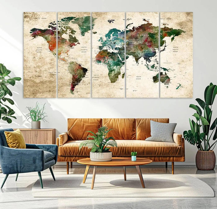 The "World Map Wall Art Print - Grunge Stained Background Large World Map Wall Art Canvas Print" is elegantly displayed on a wooden wall, serving as an ideal focal point in your home decor.