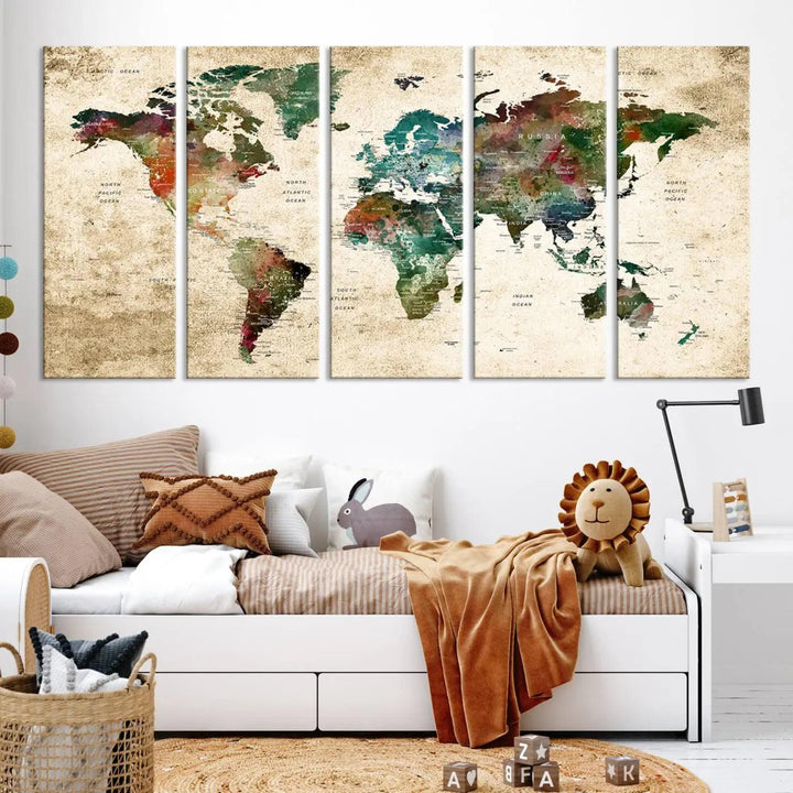 The "World Map Wall Art Print - Grunge Stained Background Large World Map Wall Art Canvas Print" is elegantly displayed on a wooden wall, serving as an ideal focal point in your home decor.