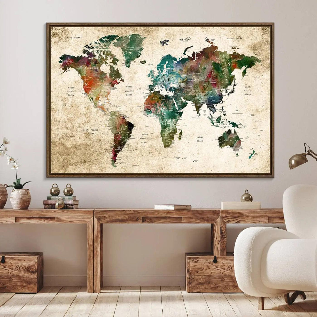 The "World Map Wall Art Print - Grunge Stained Background Large World Map Wall Art Canvas Print" is elegantly displayed on a wooden wall, serving as an ideal focal point in your home decor.